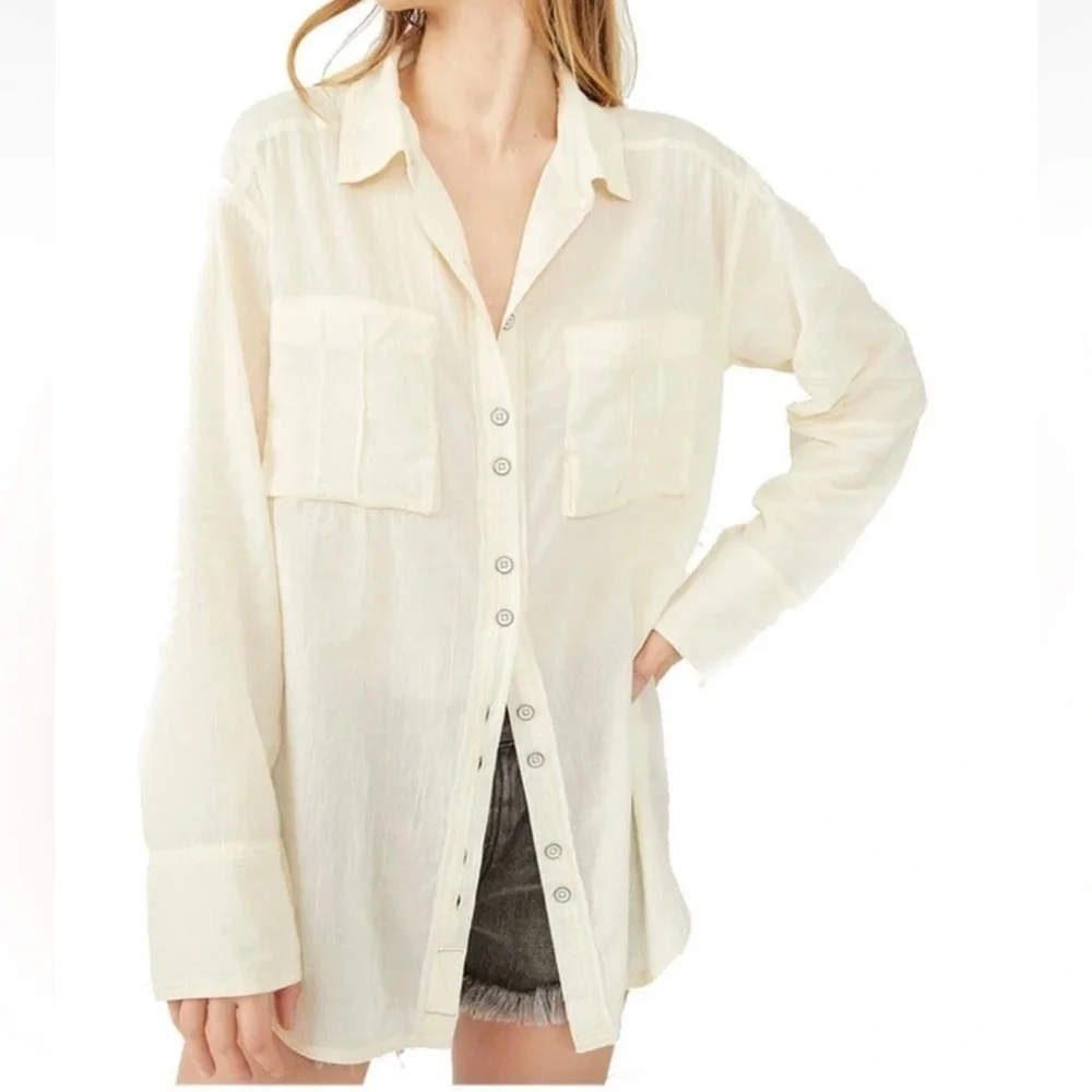 New Free People Sheer Luck Shirt In Bone Size Small
